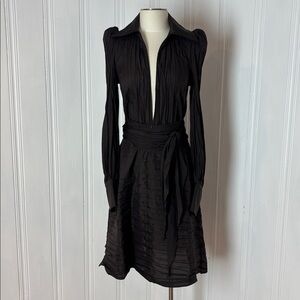 MARIE SAINT PIERRE Dramatic Pleated Chocolate Brown Designer Dress (Size 1)